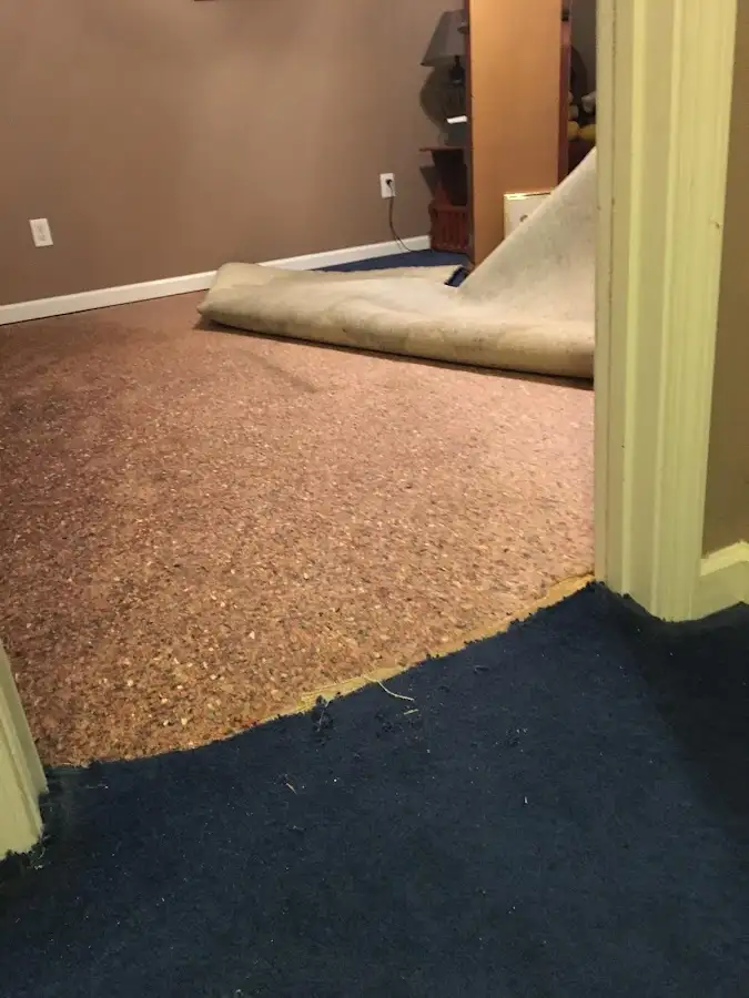 Carpet pad removal revealing water damage during Water Mitigation Services in Payson